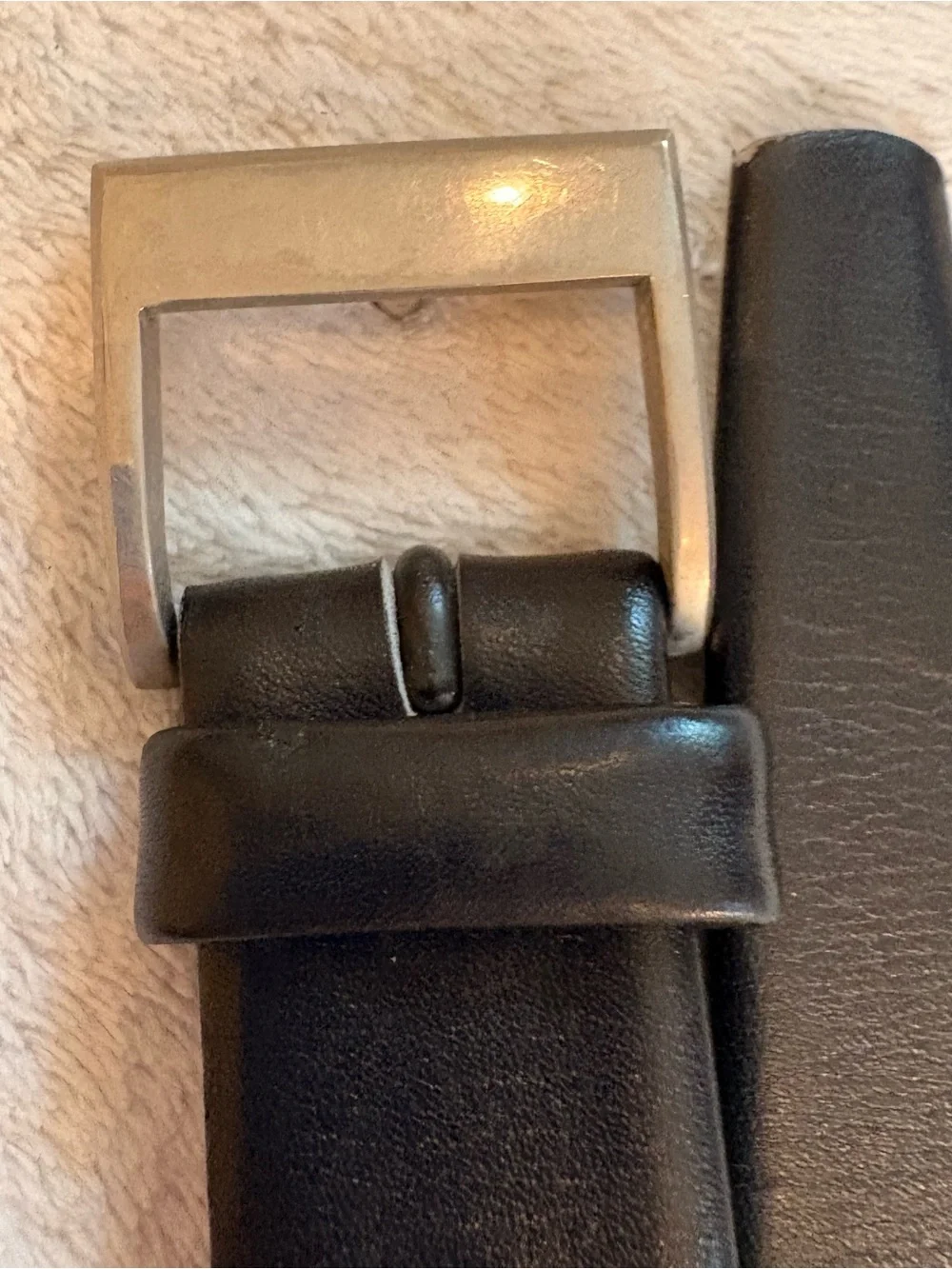 Men's Slim Black French Leather Belt Rectangular Silver Buckle Sz 44